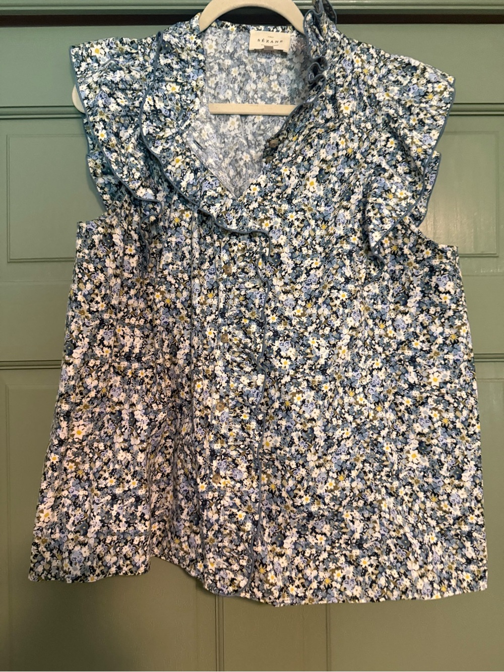 Sezane Blue Floral Ruffle-Sleeve Blouse